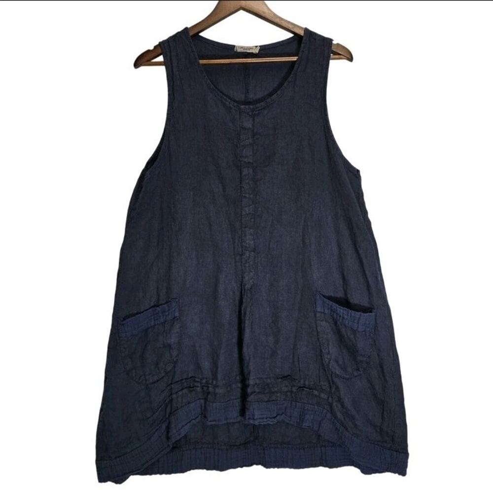 LUNGO L'ARNO Italy Linen Cotton Tunic Dress 1X Navy Blue Sleeveless Lagenlook
